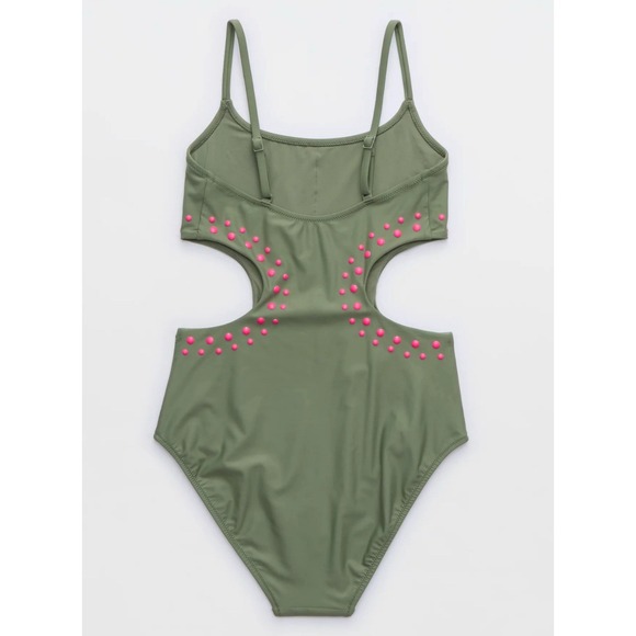Aerie Womens Cut Out Full Coverage One Piece Olive Green Swimsuit Bathing Suit M - Picture 2 of 9